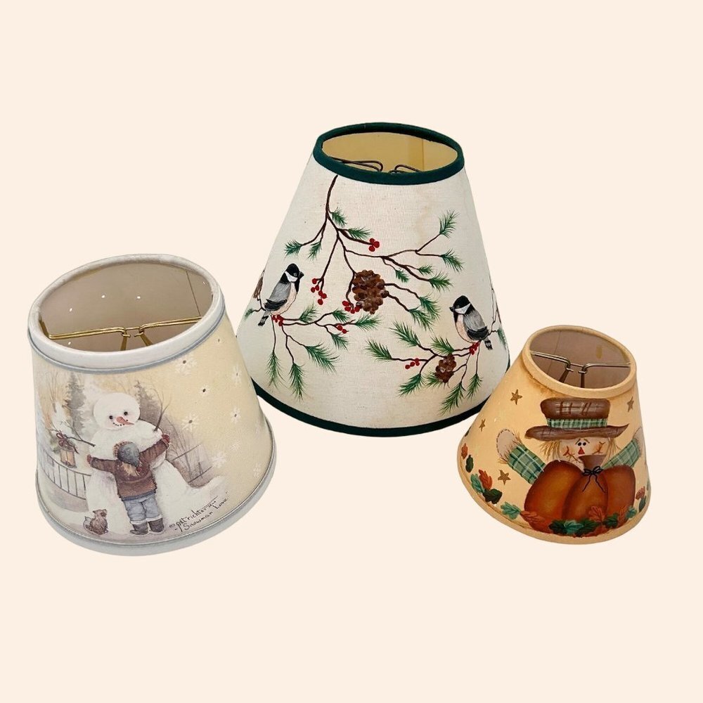 3 LOT DECORATIVE CLIP FALL WINTER LAMP SHADES ND PAINTED + SIGNED, MINI+